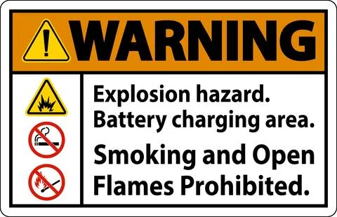 Warning Sign Explosion Hazard, Battery Charging Area, Smoking And Open Flam.. 스톡 일러스트