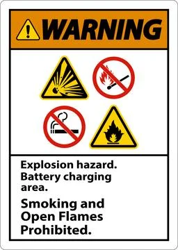 Warning Sign Explosion Hazard, Battery Charging Area, Smoking And Open Flam.. 스톡 일러스트
