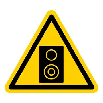 Warning Sign Featuring Loudspeaker Icon in Bright Yellow Triangle Shape Illustrazione stock