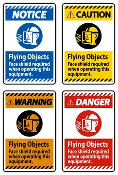 Warning Sign Flying Objects, Face Shield Required When Operating This Equipme Illustrazione stock