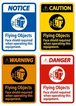 Warning Sign Flying Objects, Face Shield Required When Operating This Equipme Illustrazione stock
