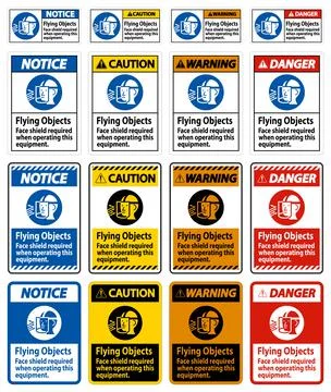 Warning Sign Flying Objects, Face Shield Required When Operating This Equipme Illustrazione stock