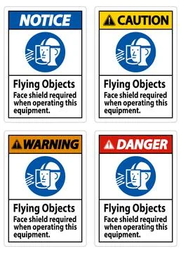 Warning Sign Flying Objects, Face Shield Required When Operating This Equipme Illustrazione stock