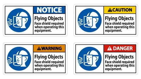 Warning Sign Flying Objects, Face Shield Required When Operating This Equipme Illustrazione stock