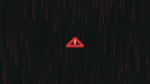 Warning sign with glowing red digital binary code raining down on dark back.. Stock Footage 341824282