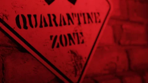 Warning sign on a grid in abandoned area, quarantine zone warning Stock Footage 128544741