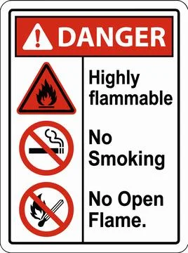 Warning sign highly flammable materials no smoking or open flames allowed s.. Stock Illustration
