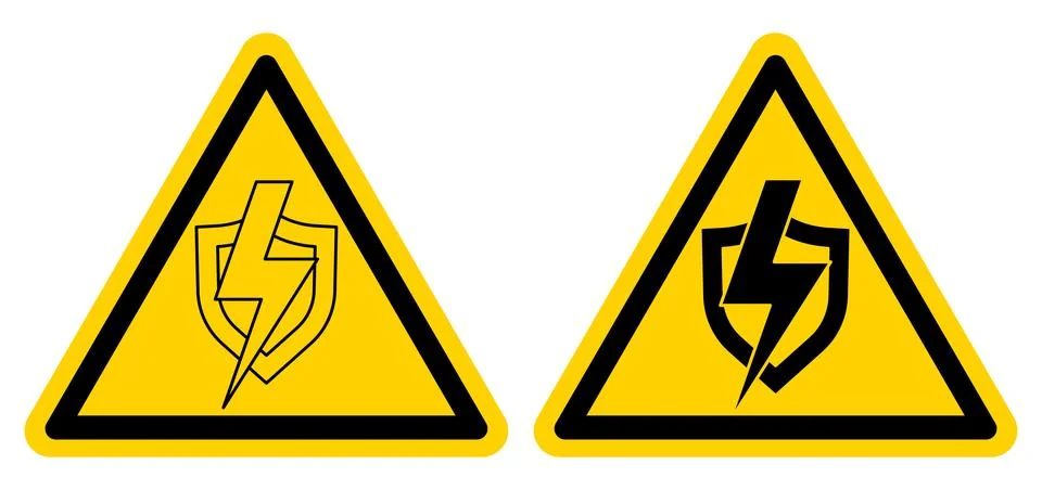 Warning Sign Illustrations Featuring Lightning Bolt and Shield Symbols Stock Illustration