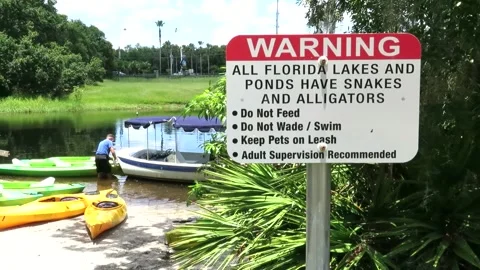 Warning sign kayaking on the river at Shingle Creek Regional Park in Kissimm Stock Footage 173596596
