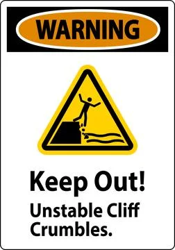 Warning Sign, Keep Out Unstable Cliff Crumbles Ilustração Stock
