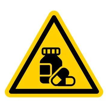 Warning sign with medication bottle and pills in a yellow triangle shape Stock Illustration