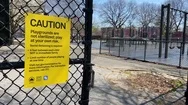 Warning Sign At Playground During Coronavirus Social Distancing Stock Footage