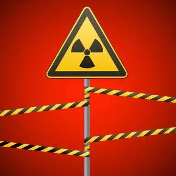 Warning sign on a pole and warning bands. Sign of radiation hazards. Vector Stock Illustration
