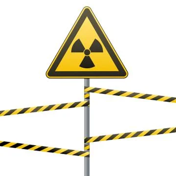 Warning sign on a pole and warning bands. Sign of radiation hazards. Vector Stock Illustration