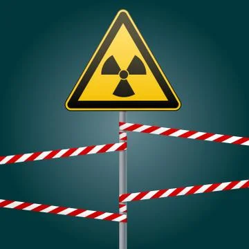Warning sign on a pole and warning bands. Sign of radiation hazards. Vector Stock Illustration