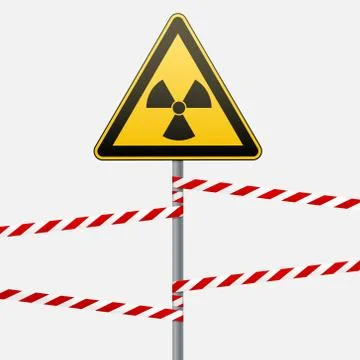 Warning sign on a pole and warning bands. Sign of radiation hazards. Vector Stock Illustration