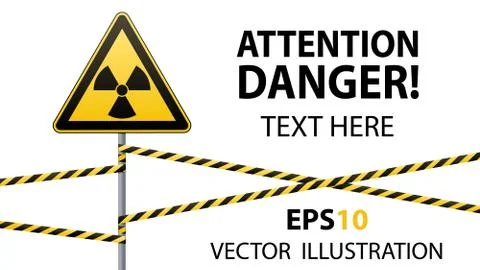 Warning sign on a pole and warning bands. Sign of radiation hazards. Vector Stock Illustration
