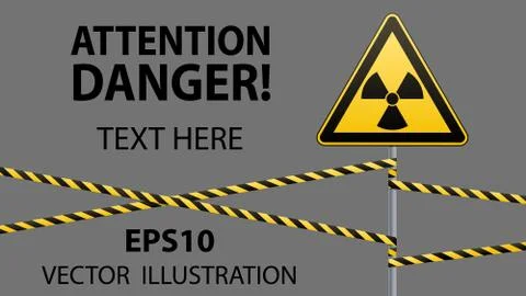 Warning sign on a pole and warning bands. Sign of radiation hazards. Vector Stock Illustration