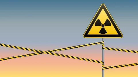 Warning sign on a pole and warning bands. Sign of radiation hazards. Vector Stock Illustration