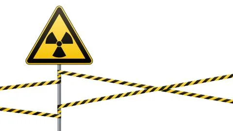 Warning sign on a pole and warning bands. Sign of radiation hazards. Vector Stock Illustration