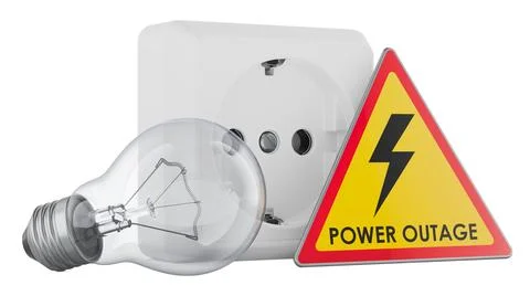 Warning sign Power Outage with socket and light bulb, 3d rendering Stock Illustration