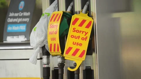 Warning sign pump not in use at petrol station uk Stock Footage 163350504