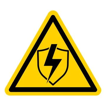 Warning Sign with Shield and Lightning Bolt Graphic in Yellow Triangle Design Illustrazione stock