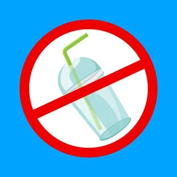 Warning sign stop plastic cup and straws waste isolated blue background, ban  Ilustración de archivo