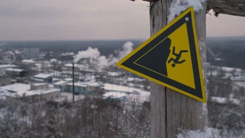 Warning sign on the top of mountain. Warning signs at the ski resort. Sign of Stock Footage 99569014