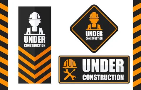 Warning sign under construction set. Black and orange color. Illustrazione stock
