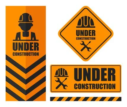 Warning sign under construction set. Orange color. Logo concept. Stock Illustration