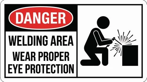 Warning sign for welding area with worker silhouette and safety message. Illustrazione stock