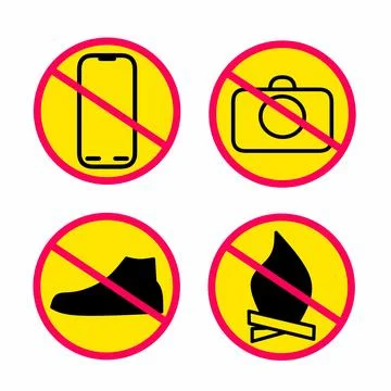 Warning signs are prohibited from using cell phones, prohibited from wearing sho Stock Illustration