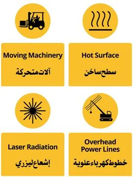 Warning Signs Collection Featuring Arabic and English Safety Messages Stock Illustration