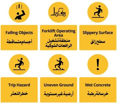 Warning Signs Collection Featuring Arabic and English Safety Messages Stock Illustration