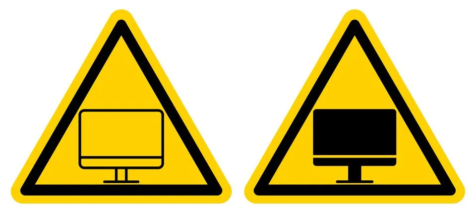 Warning Signs Featuring Computer Icons in Yellow Triangle Shapes Illustrazione stock