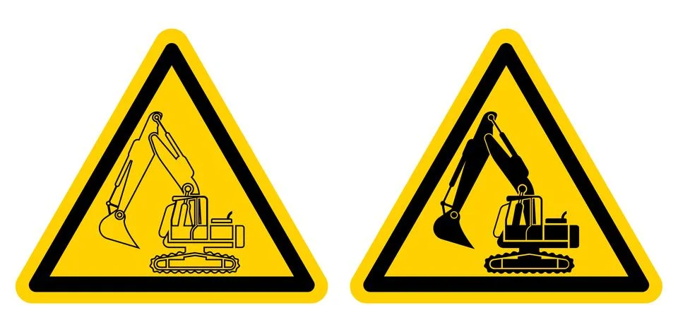 Warning Signs Featuring Construction Excavator Equipment in Yellow Triangle Stock Illustration