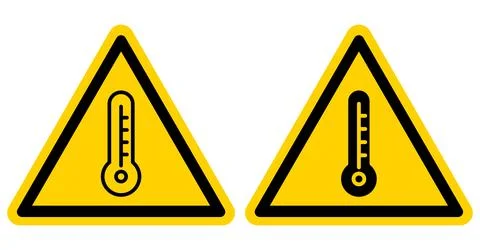 Warning signs for high and low temperature hazards in bright yellow triangles Illustrazione stock
