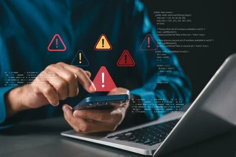 Warning signs show computer cybersecurity threats like data hacking and ran.. 写真素材