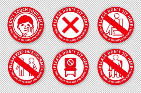 Warning signs on transparent background.. Keep distance between people. Do not Stock Illustration