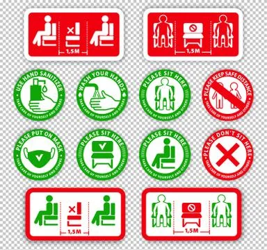 Warning signs on transparent background.. Keep distance between people. Do not Stock Illustration