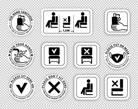 Warning signs on transparent background.. Keep distance between people. Do not 스톡 일러스트