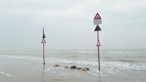 Warning signs on winter beach with waves and rough sea Stock Footage 340358123