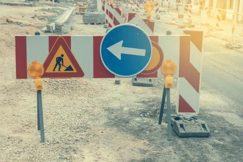 Warning signs for work in progress Stock Photos
