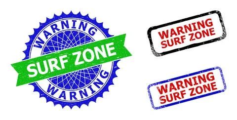 WARNING SURF ZONE Rosette and Rectangle Bicolor Seals with Unclean Styles Stock Illustration