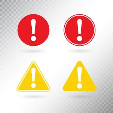 Warning symbol set. Exclamation mark in red circle. Attention button in yello Illustrazione stock
