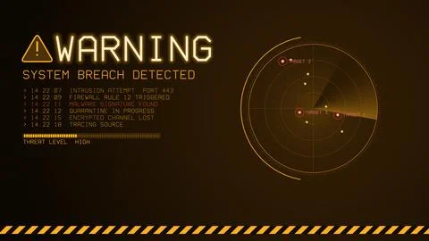 WARNING system breach screen with radar and hazard stripes Иллюстрация