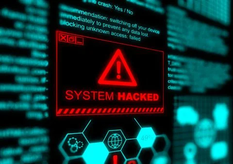 Warning of a system hacked in red. Computer popup box screen warning of attack Stock Illustration