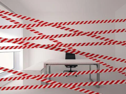 Warning tape in office interior. 3D rendering. Stock Illustration