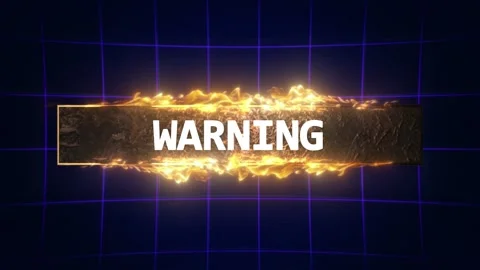 Warning text animation with burning fire effect on dark blue digital grid Stock Footage 347345573